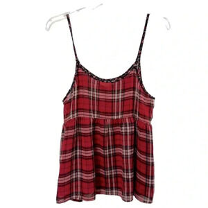 Eyeshadow Women's L Red Plaid Scoop Neck Sleeveless Cropped Tank Cami Top